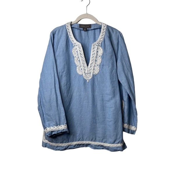 J. Crew Tops - Point Sur Linen Cotton Blend Coastal Beachy Blue Chambray Embroidered Tunic Top